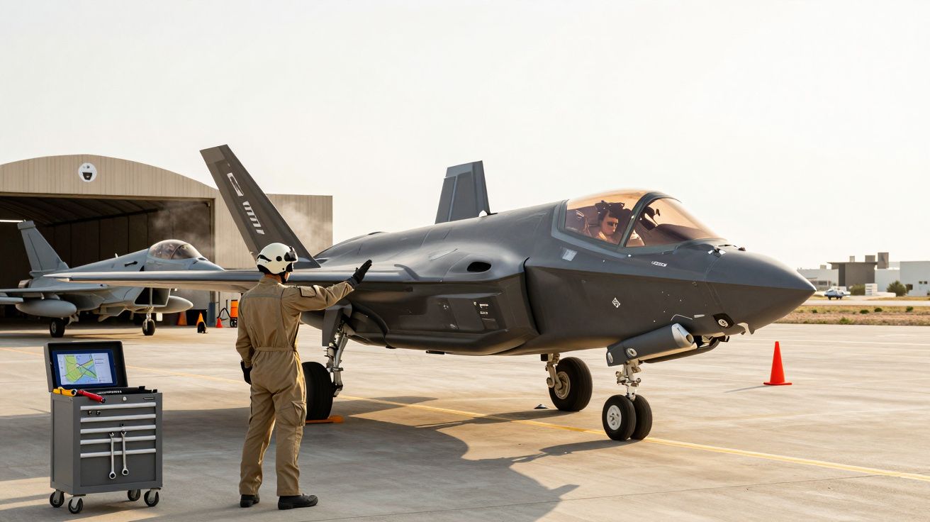 Pilot dirijând un avion de luptă F-35 pe pistă, cu un hangar în fundal și un echipament de control la sol alături.