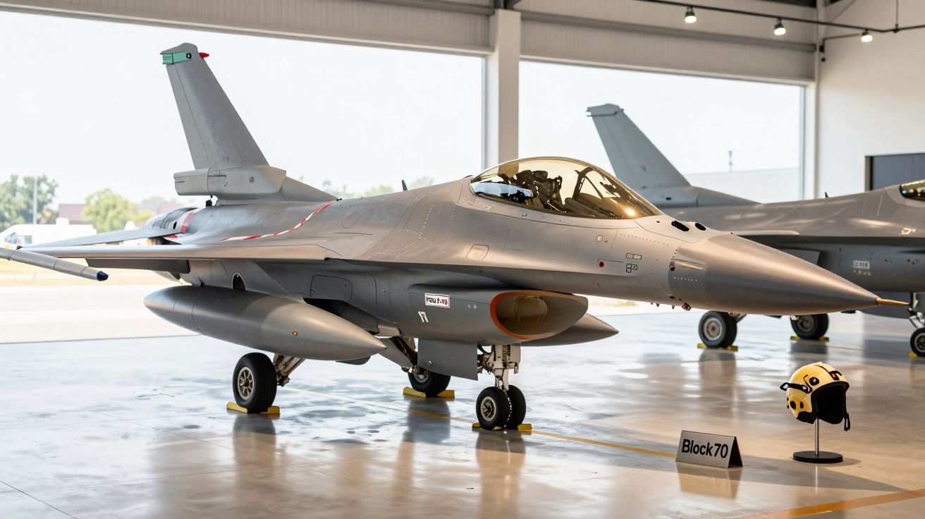 Avion de luptă F-16 parcat în hangar, afișat lângă un supporter de cască și semn "Block 70".