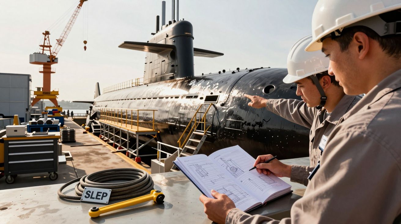 Doi ingineri examinând planuri lângă un submarin aflat în construcție pe șantierul naval.