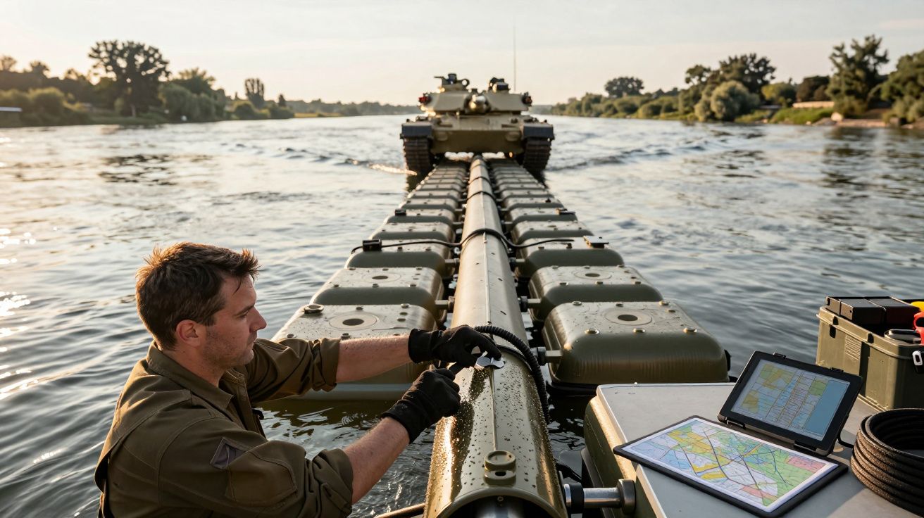 Bărbat lucrând pe un pod plutitor peste râu, cu un tanc în depărtare; pe masă este o hartă.