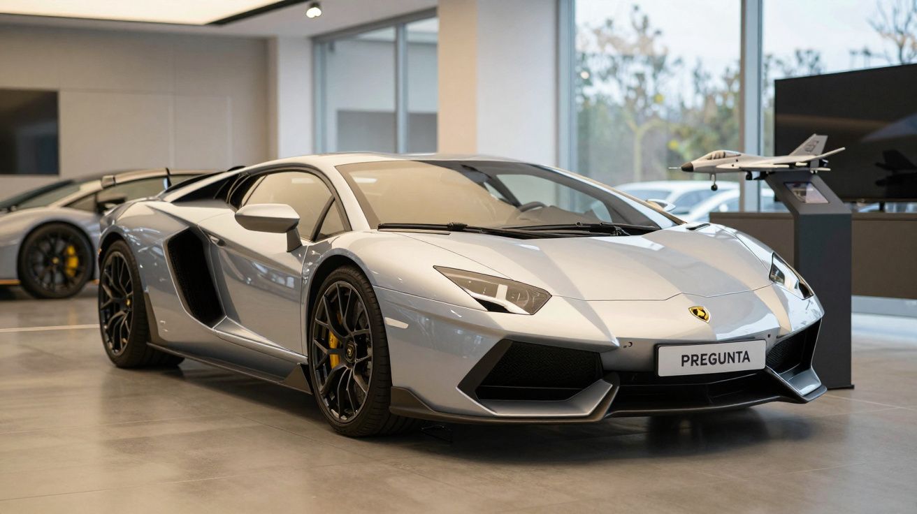 Mașină sport argintie expusă într-un showroom modern, cu un model de avion în fundal.