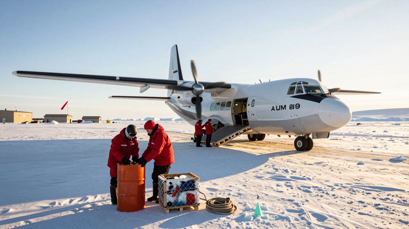 Avion alb pe zăpadă, oameni în jachete roșii manipulează echipament lângă el, pe un fundal de câmp deschis înzăpezit.