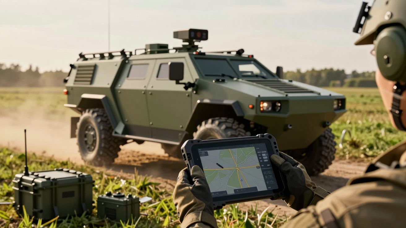 Soldat operând un vehicul militar blindat cu un dispozitiv de control electronic în câmp deschis.