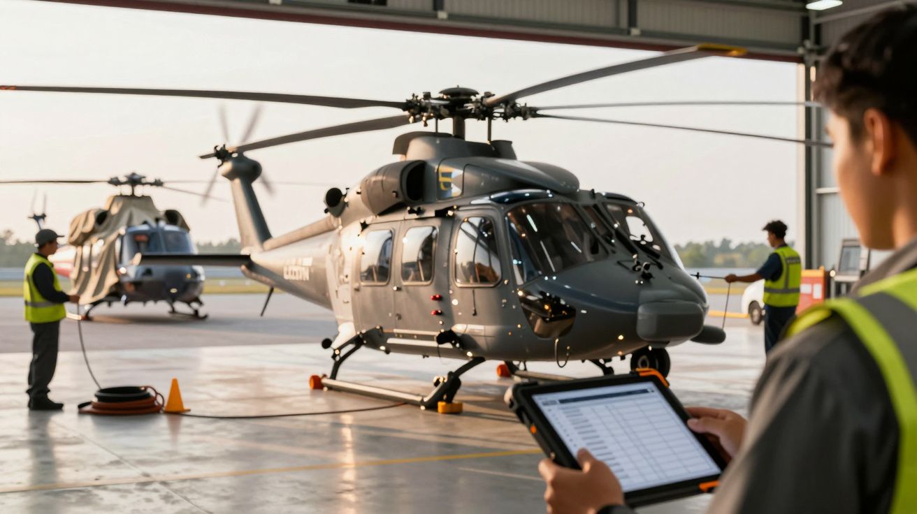 Elicoptere militare în hangar, personal în uniforme reflectorizante. Un tehnician verifică o tabletă în prim-plan.