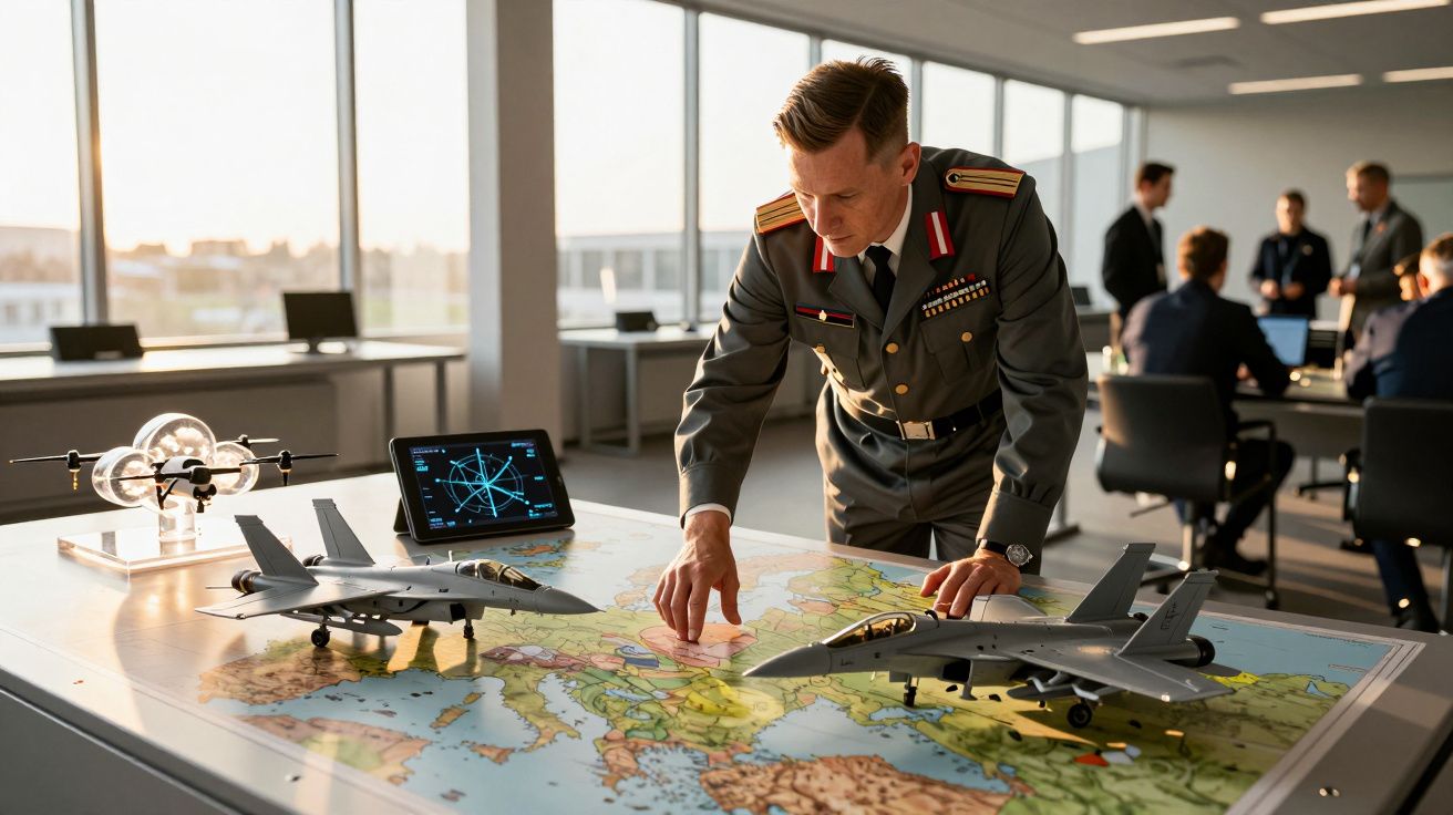 Ofițer militar analizând o hartă cu modele de avioane de luptă pe o masă, într-o sală de conferințe.