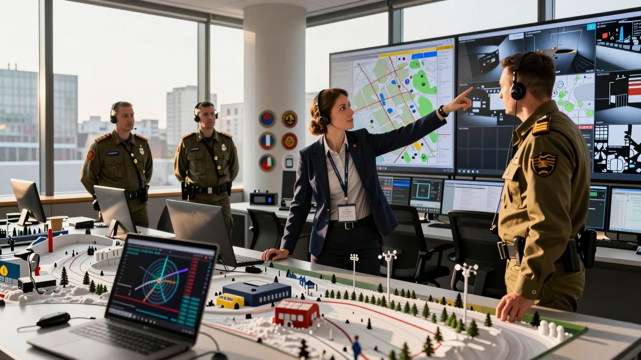 Ofițeri militari discutând strategii în centrul de comandă, cu hărți digitale și machete pe masă.