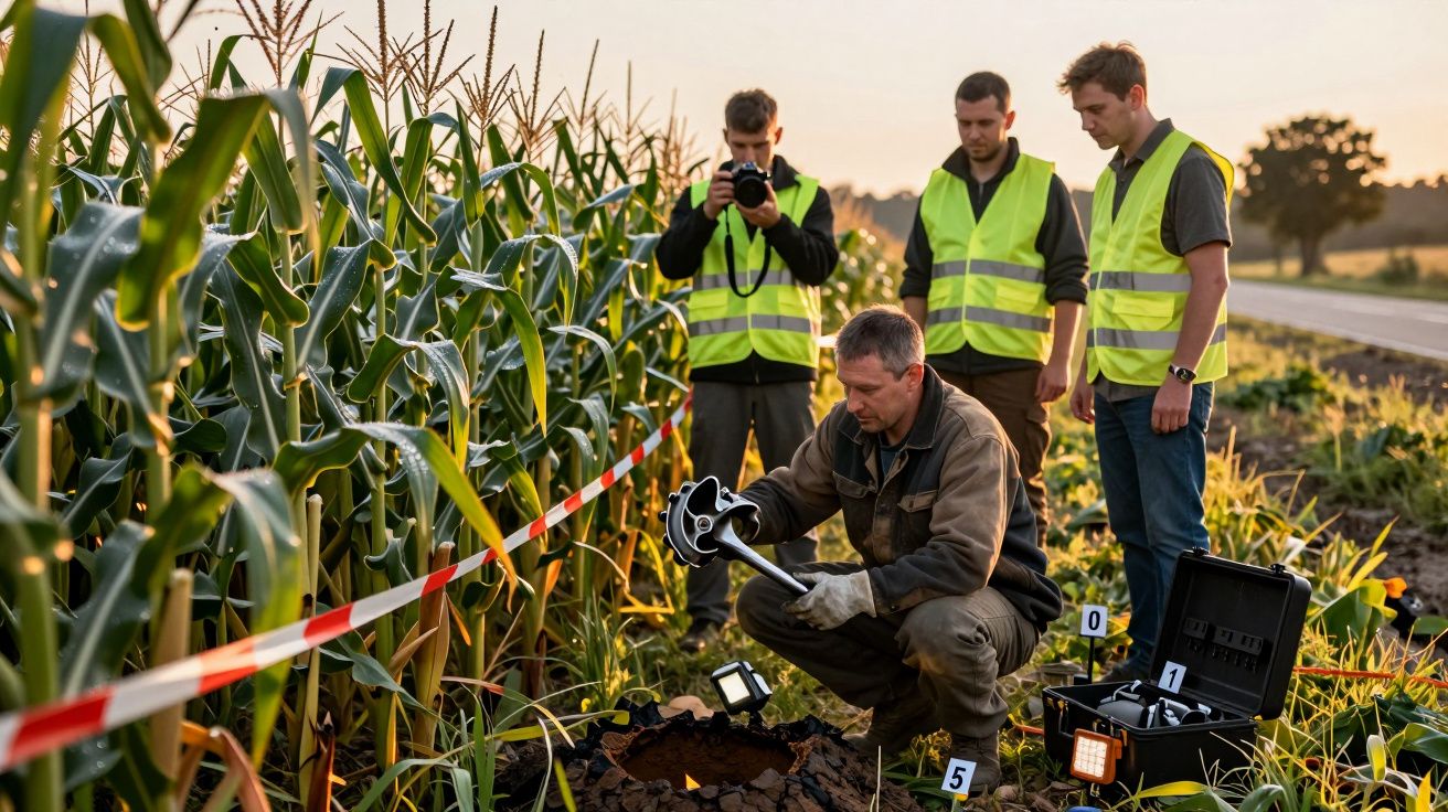 Patru bărbați în veste reflectorizante investighează un teren lângă un lan de porumb; unul fotografiază o groapă.