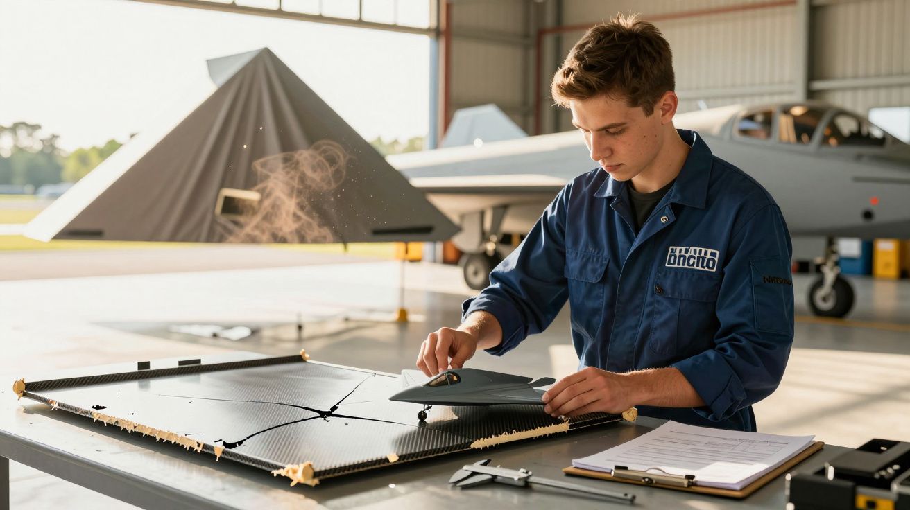Bărbat în halat albastru, lucrând la macheta unui avion într-un hangar, cu un avion în fundal.