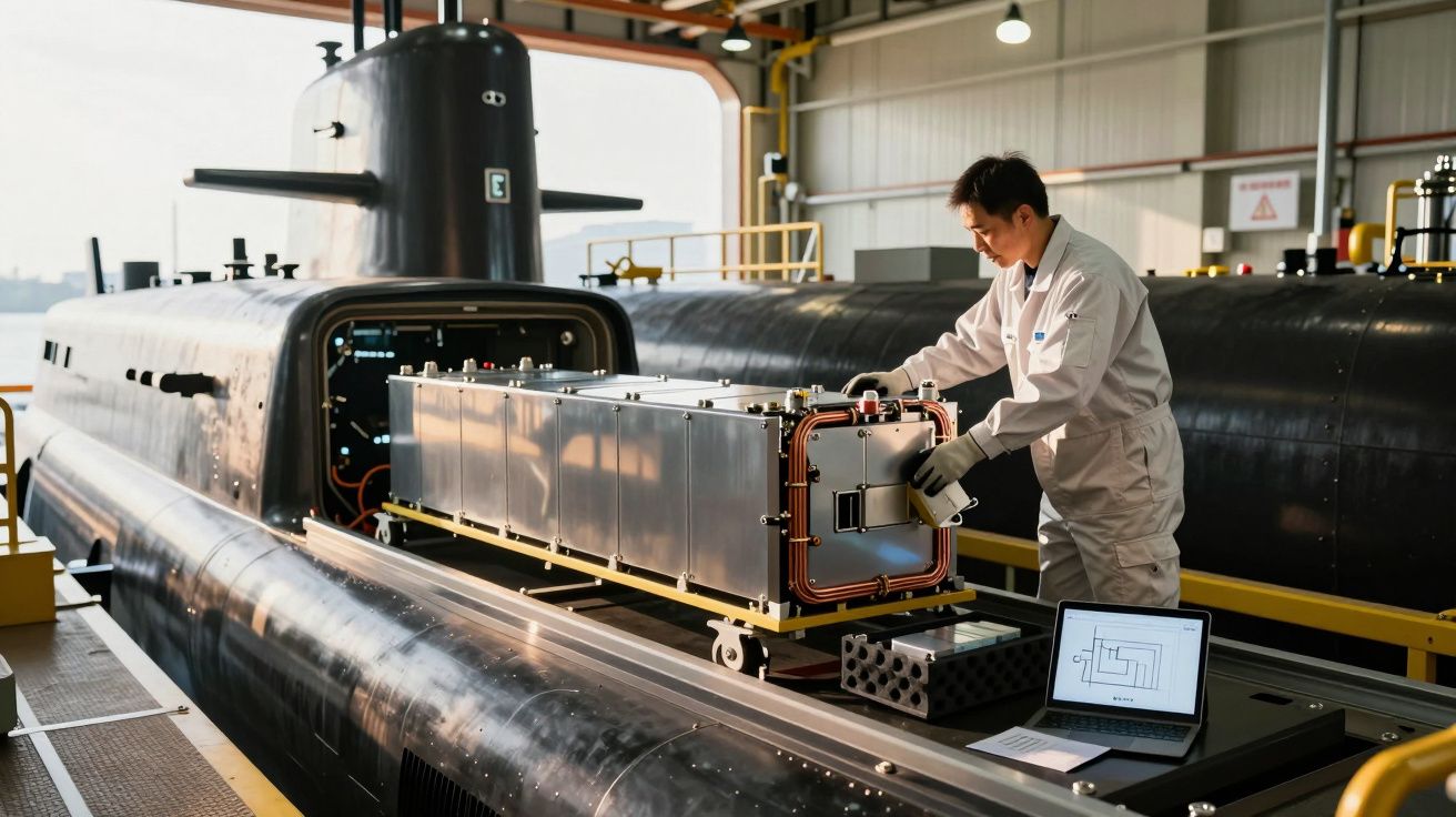 Tehnician lucrând la un dispozitiv electronic pe un submarin într-un hangar cu un laptop deschis în apropiere.