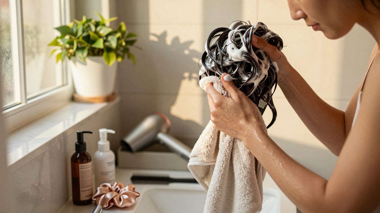 Femeie își spală părul cu șampon în baie, lângă fereastră și plante, cu produse de îngrijire pe chiuvetă.
