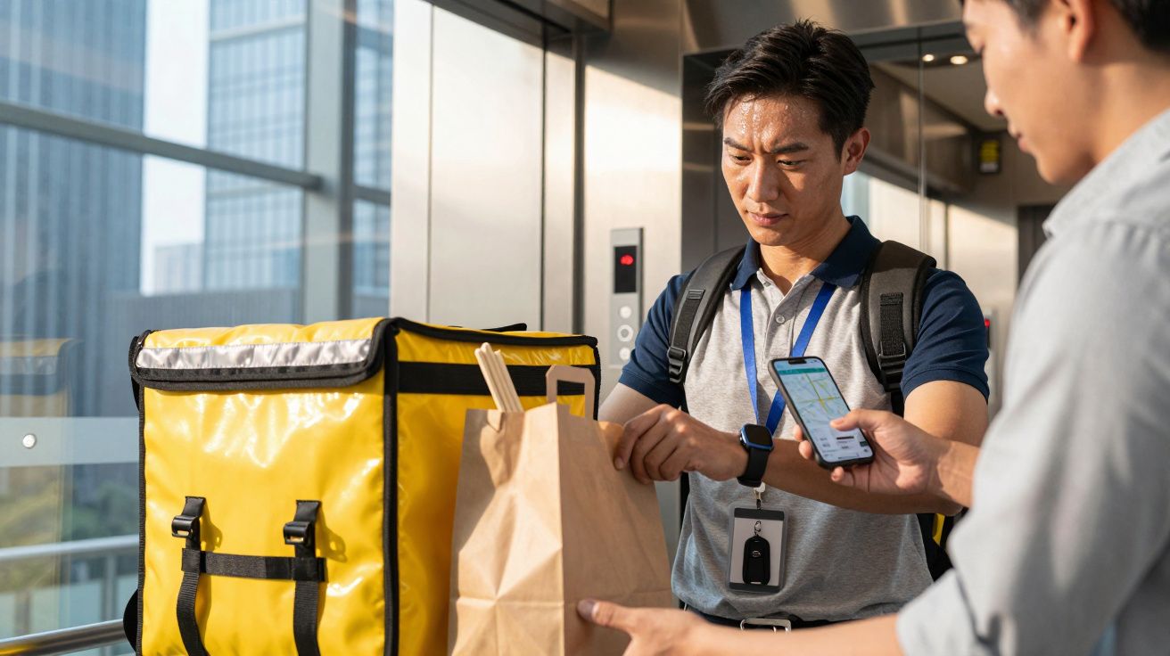 Curier de livrare cu rucsac galben verificând comanda cu un client într-un hol de lift cu clădiri în fundal.