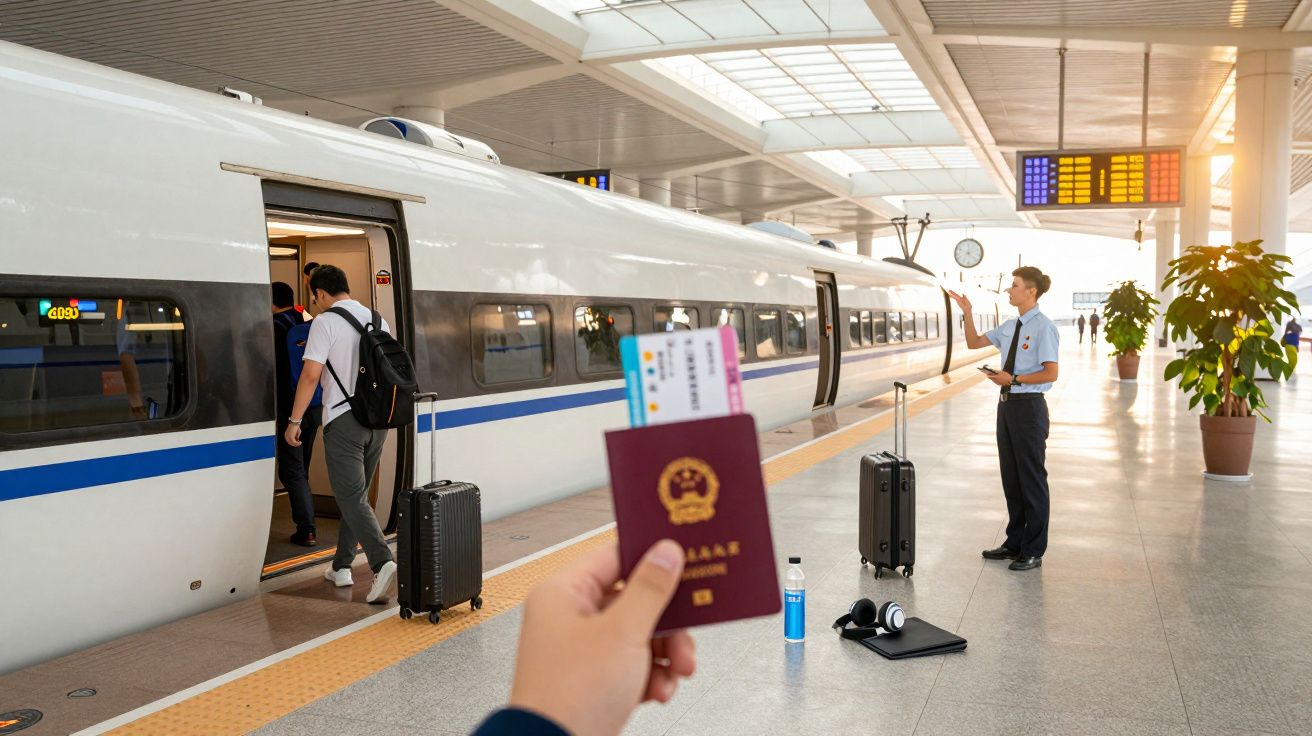 Persoană cu pașaport și bilete pe un peron de gară, lângă un tren alb de mare viteză, în timp ce alții urcă.