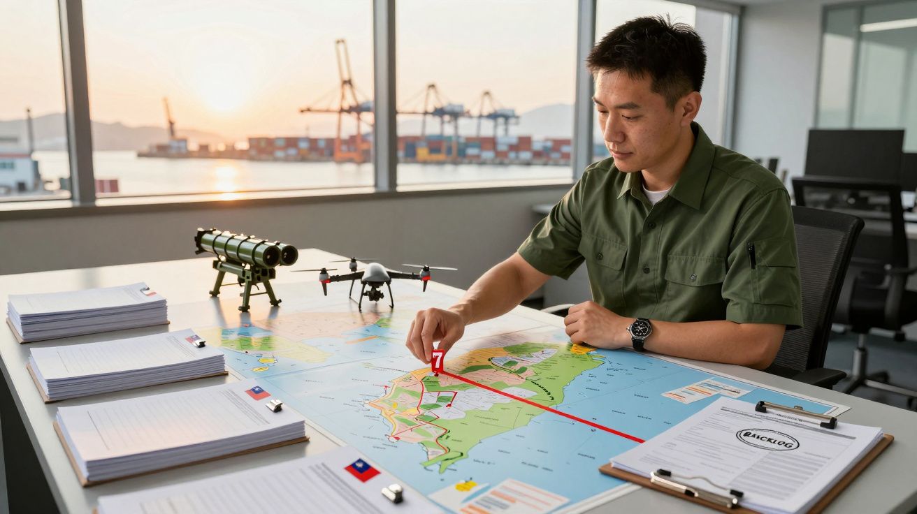 Bărbat în uniformă verde studiază o hartă la un birou, cu modele de rachetă și dronă alături, într-un birou lângă port.