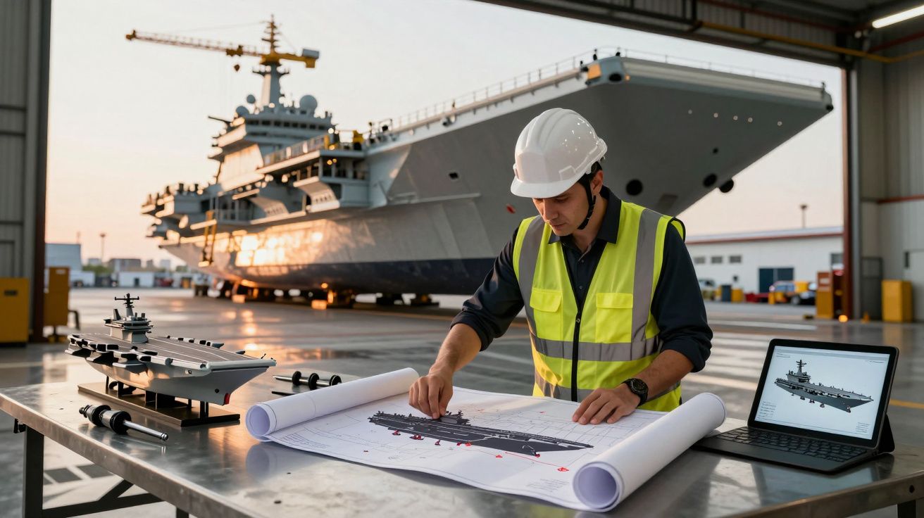 Inginer la planuri de construcție navale, cu machetă și laptop, în fața unui portavion.