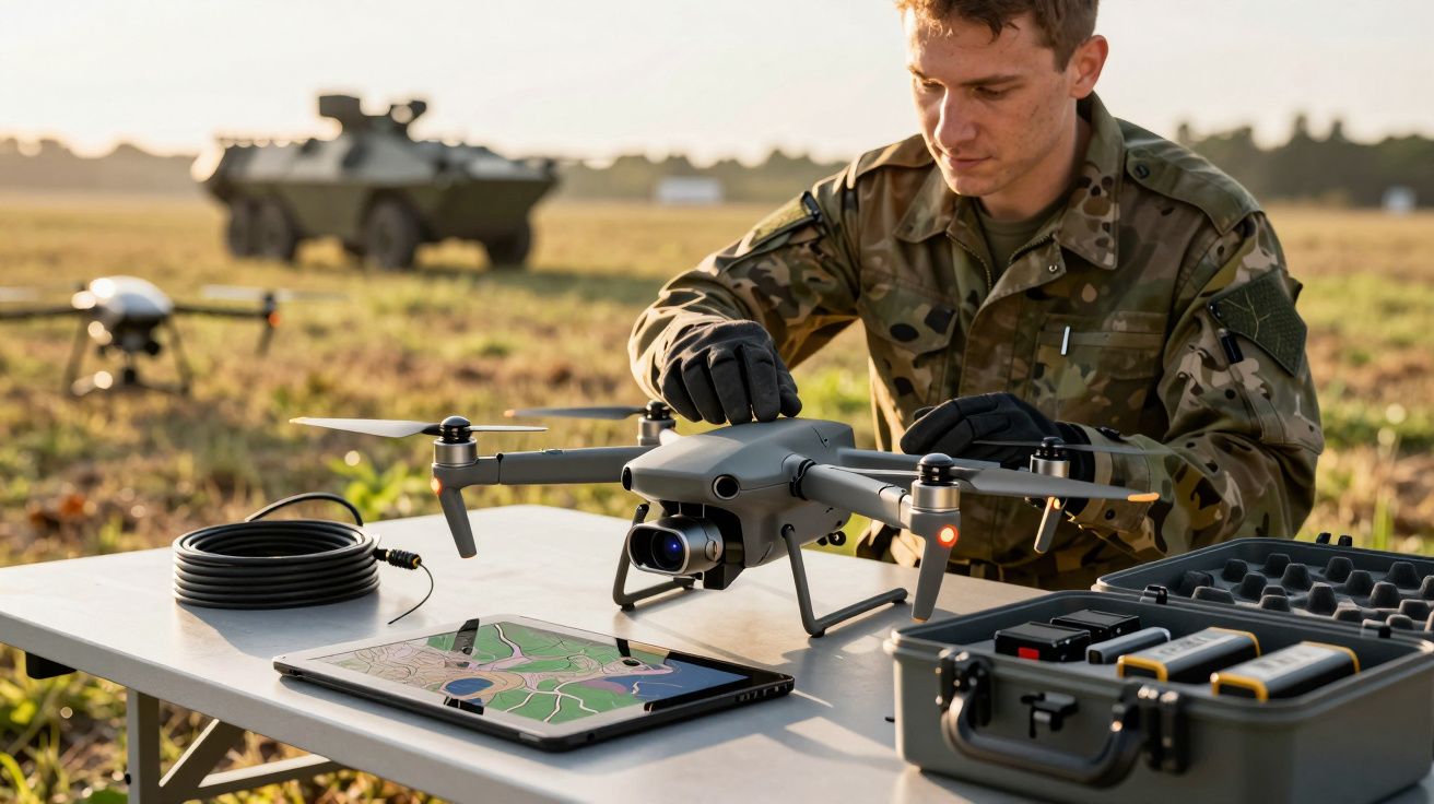 Soldat în uniformă camuflaj operează o dronă pe o masă, cu vehicul militar în fundal pe un câmp.