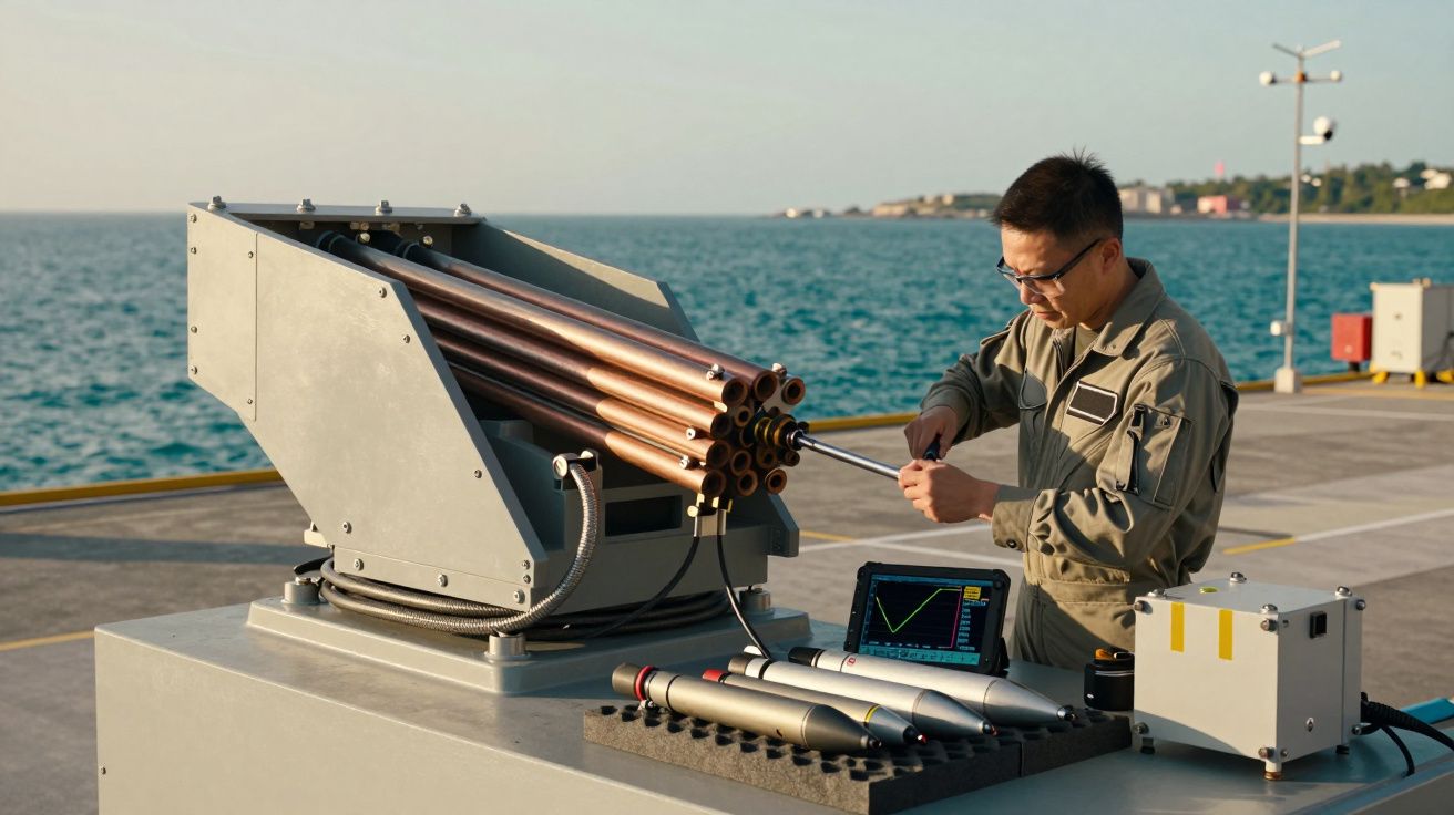 Persoană lucrând la un dispozitiv tehnologic pe o platformă maritimă, cu unelte și echipamente în față.