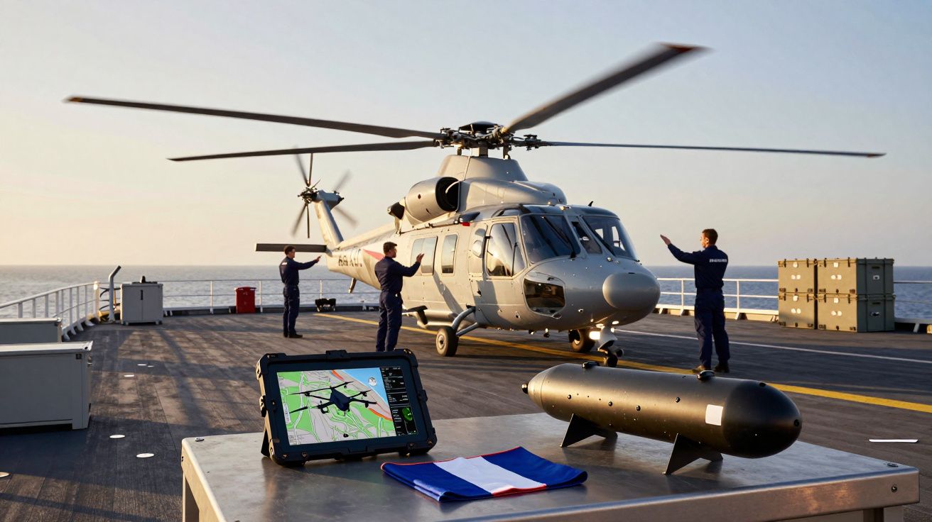 Elicopter pe un vas militar, cu marinari și un tablou de control în prim-plan, în lumina apusului.