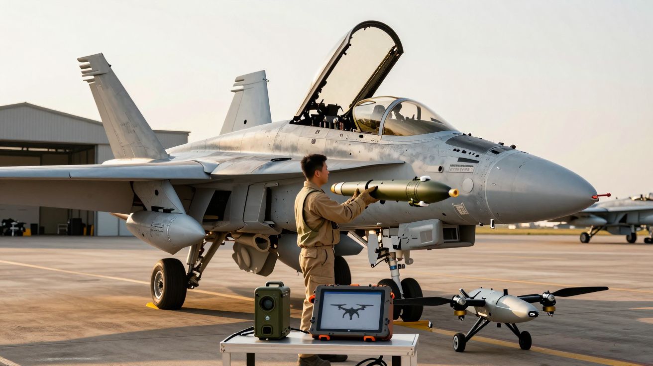 Un tehnician echipează un avion de luptă cu armament pe o pistă de decolare.