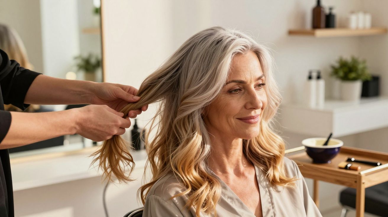 Femeie zâmbitoare cu păr grizonat și ondulat, aranjat de un stilist într-un salon de coafură.
