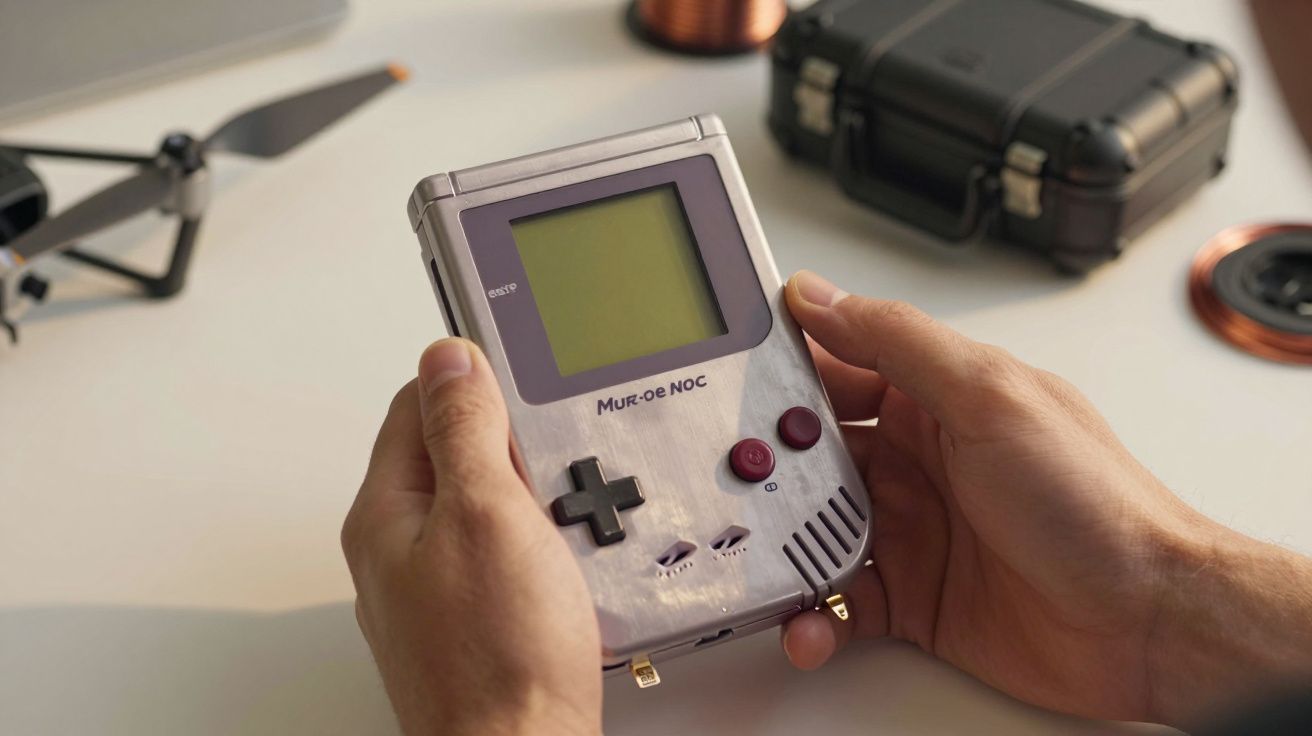 Persoană ținând o consolă portabilă clasică, cu butoane albastre și ecran verde, pe un birou cu obiecte diverse.
