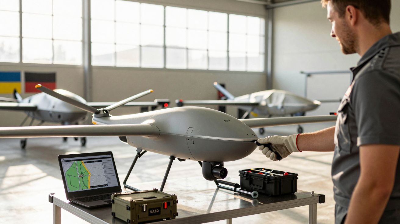 Persoană inspectând o dronă pe o masă într-un hangar, cu un laptop și alte echipamente în jur.