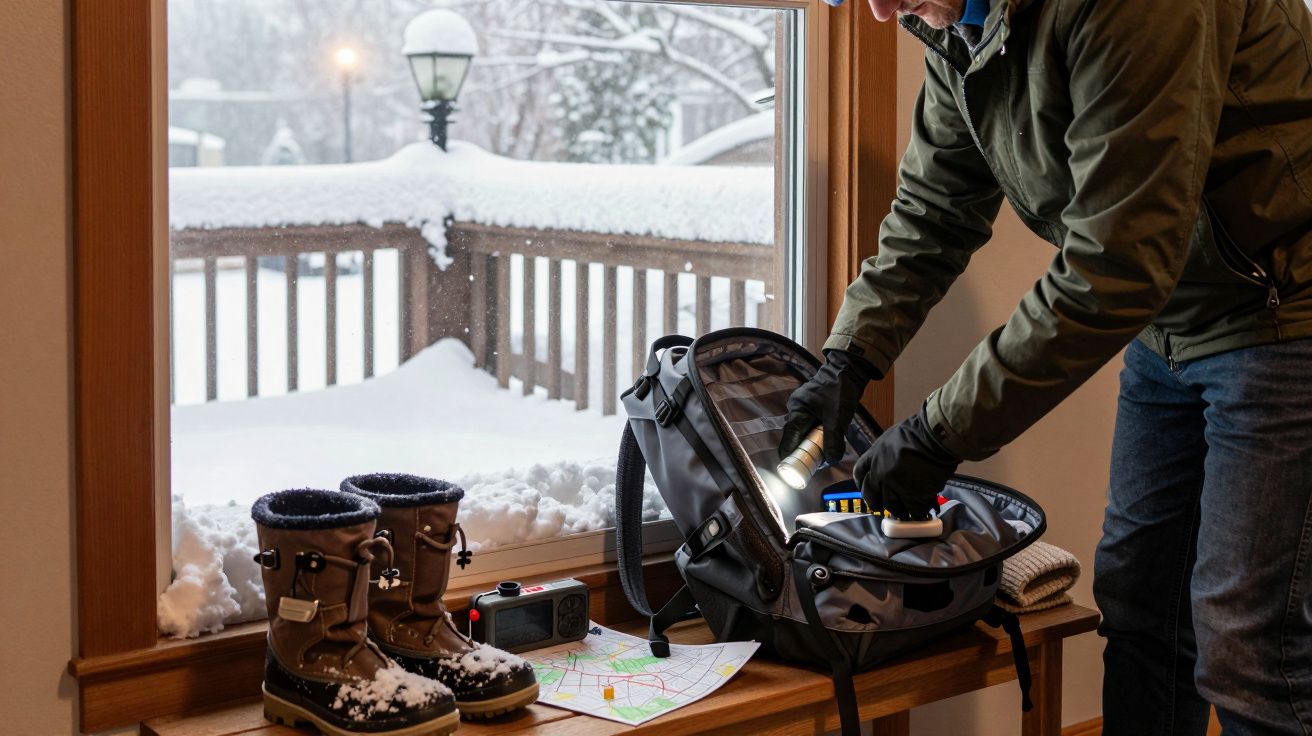 Persoană împachetează echipament de camping lângă fereastră cu zăpadă, ghete, hartă și lanternă într-un decor de iarnă.