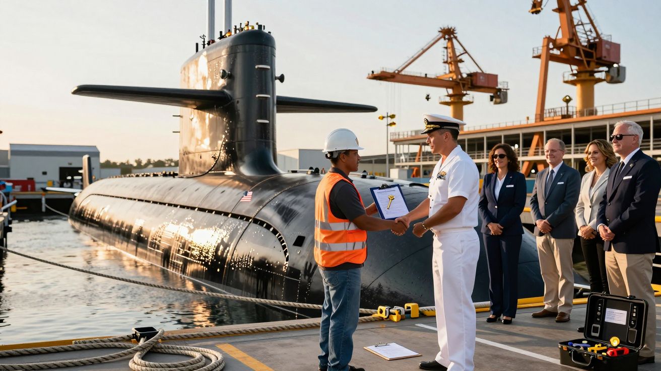 Ofițer naval acordă un certificat unui muncitor în fața unui submarin, cu oficiali privindu-i în șantier naval.