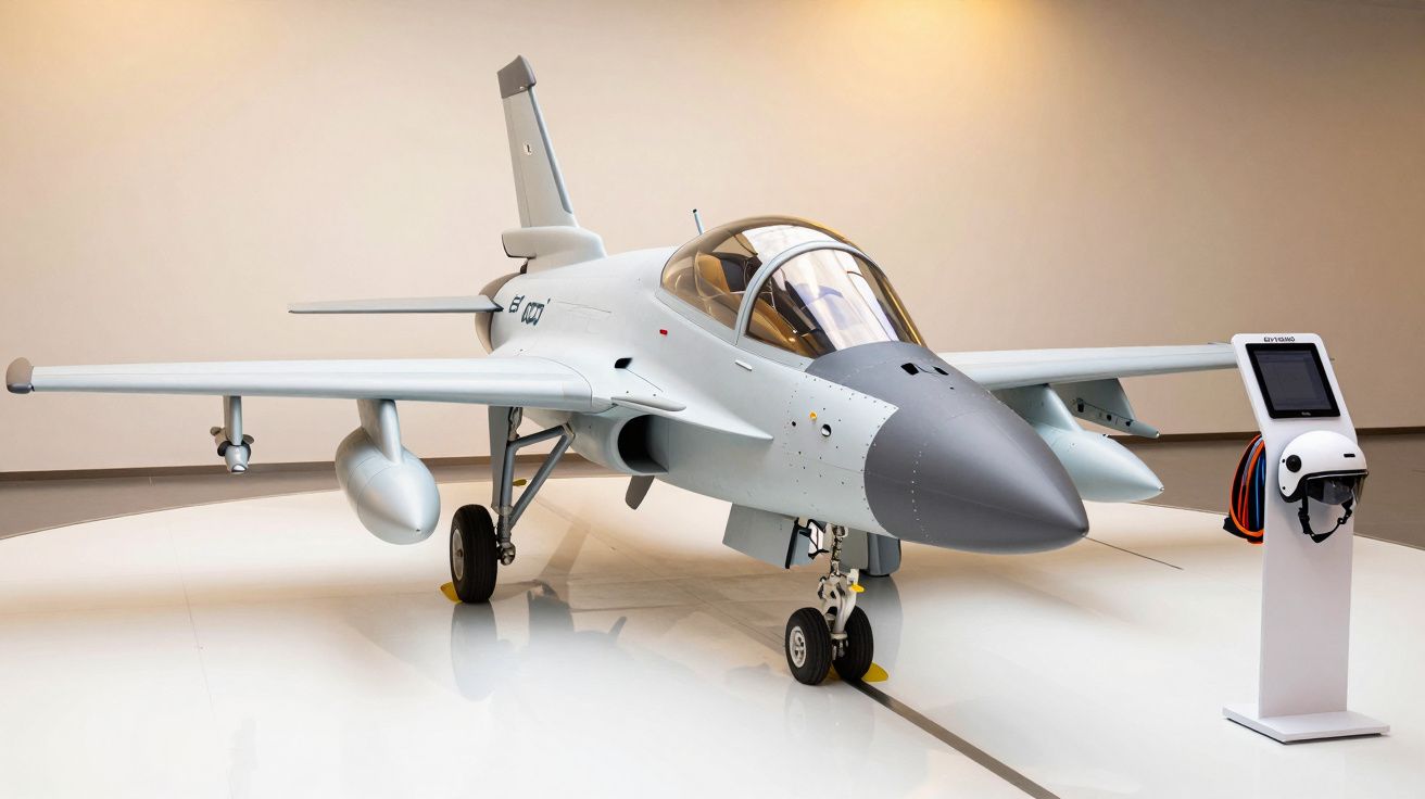 Avion militar expus într-un hangar, cu un ecran interactiv lângă el.