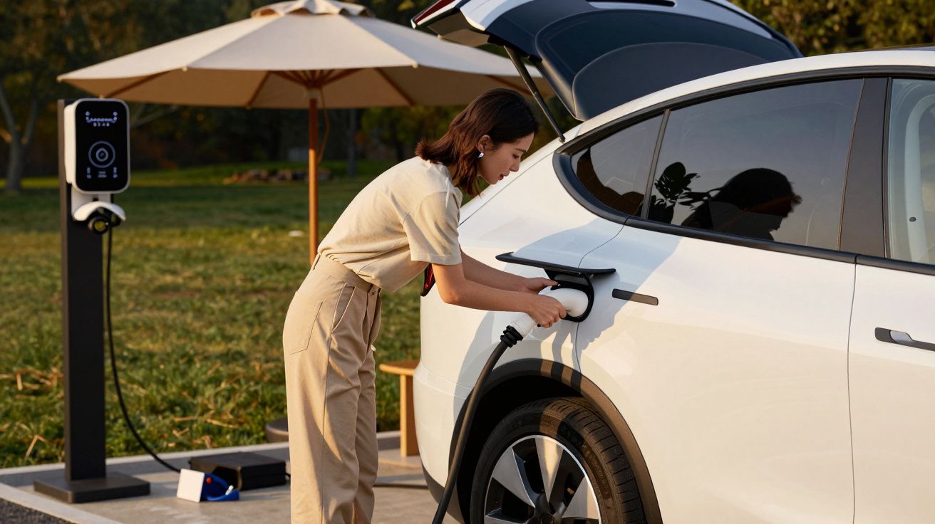Femeie încărcând o mașină electrică albă la o stație de încărcare în aer liber, lângă un copac și o umbrelă.