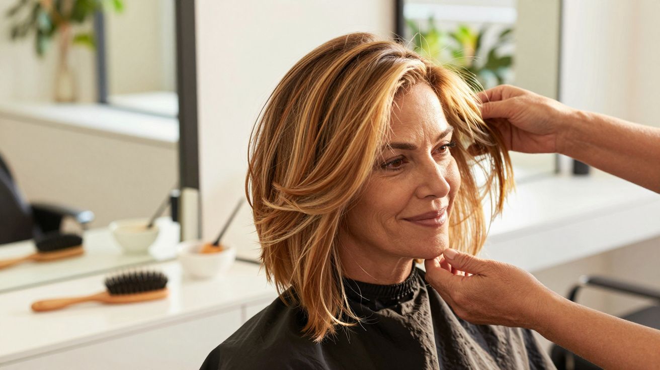 Femeie zâmbitoare la salon de coafură, i se aranjează părul blond scurt.