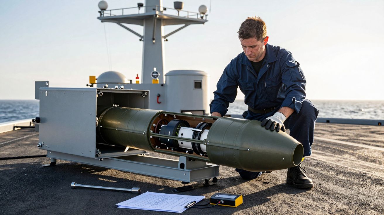 Bărbat lucrând la un dispozitiv electronic pe puntea unei nave, în fundal fiind marea și un cer senin.