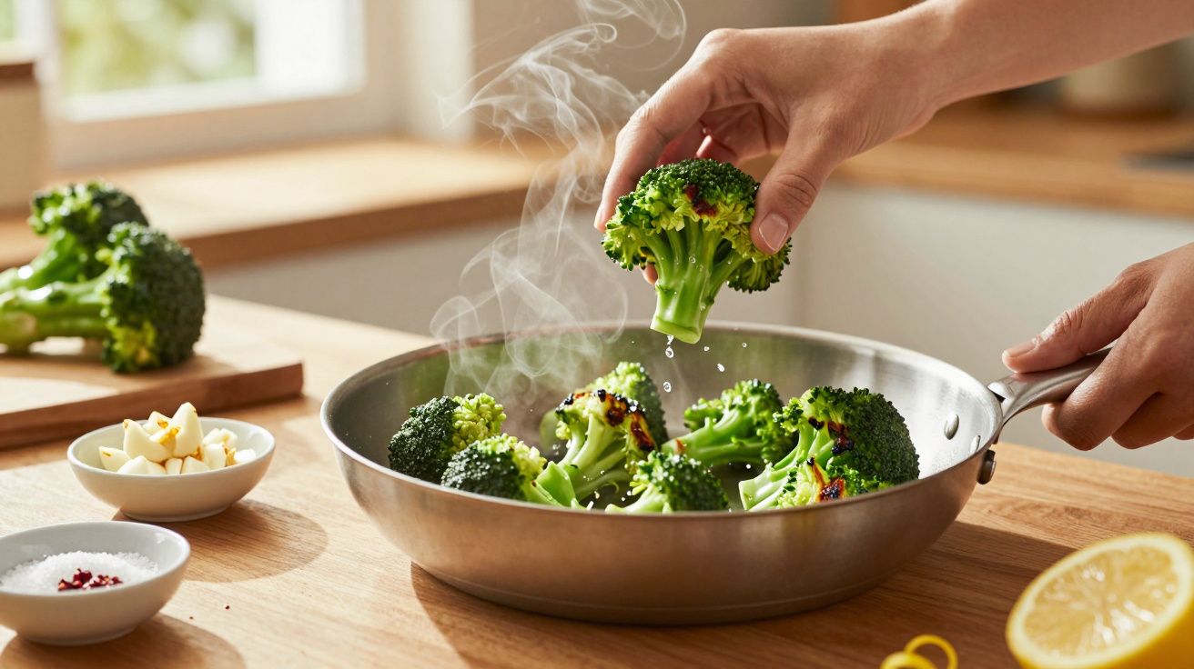 Mâini punând broccoli într-o tigaie pe aragaz, cu aburi, în bucătărie luminoasă, lângă felii de lămâie și condimente.