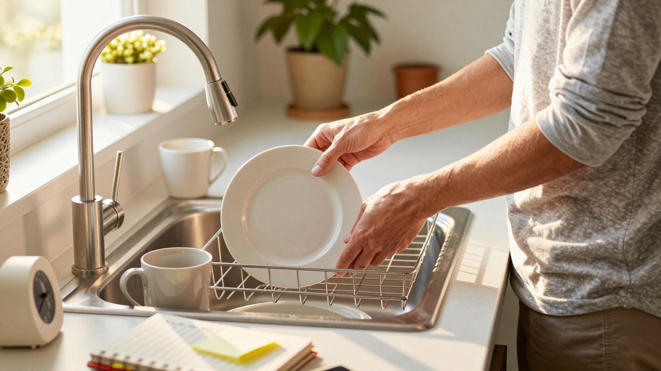 Persoană care spală vase la chiuvetă, lumina soarelui intrând pe fereastră, cu plante în fundal.