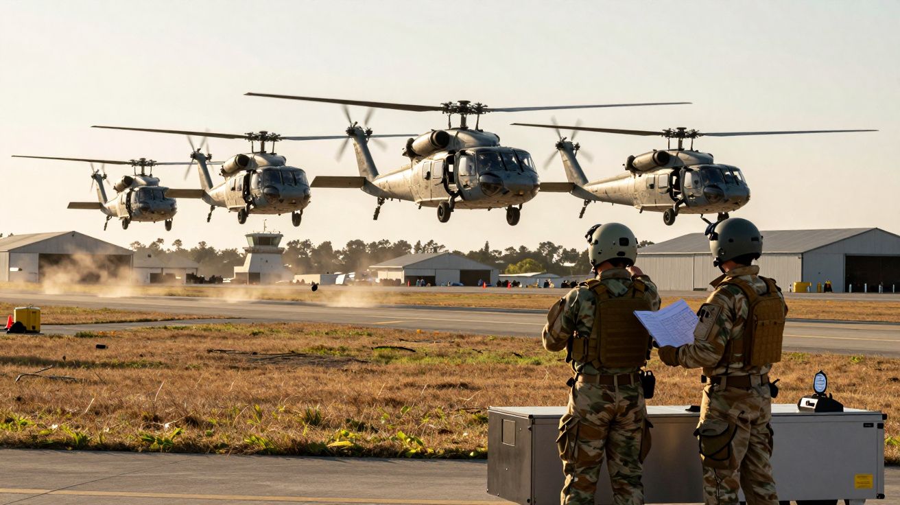 Patru elicoptere militare zboară deasupra solului, în timp ce doi soldați le supraveghează pe pista de aterizare.