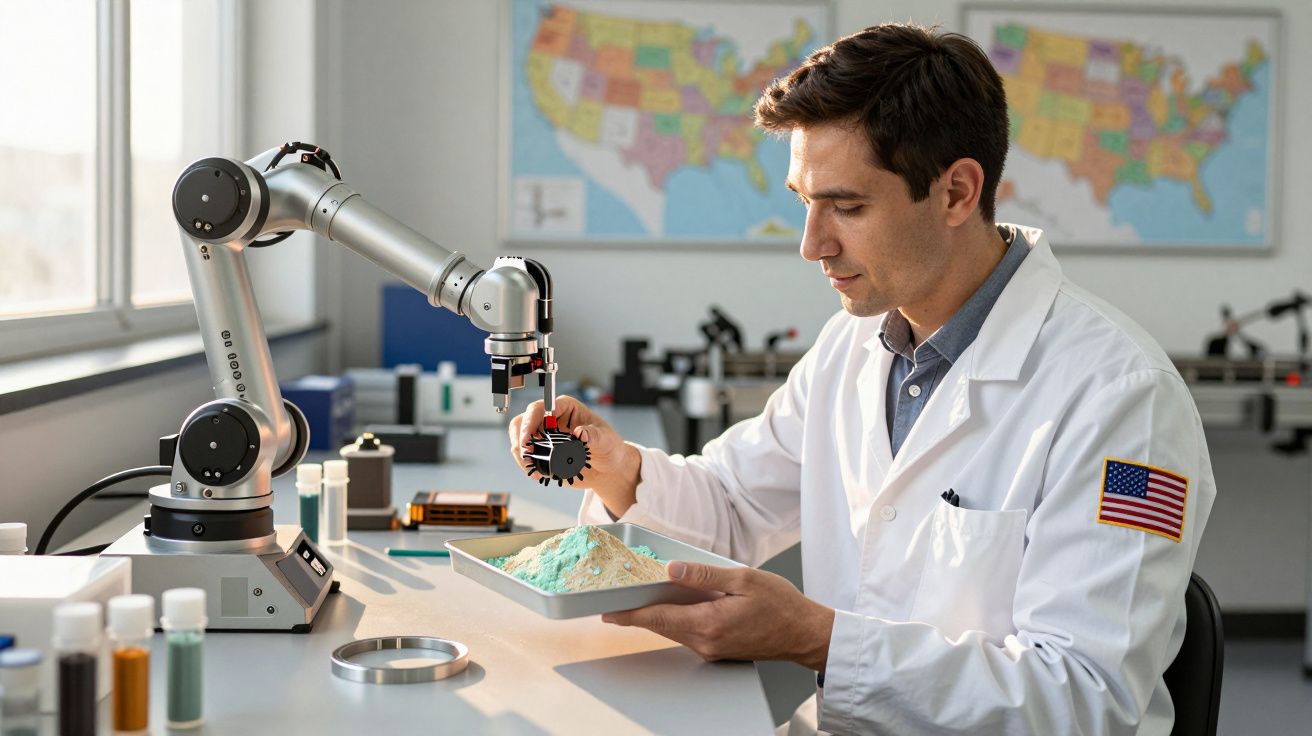 Bărbat în halat alb analizează mostre de nisip, utilizând un braț robotic în laborator. Hartă SUA pe perete.