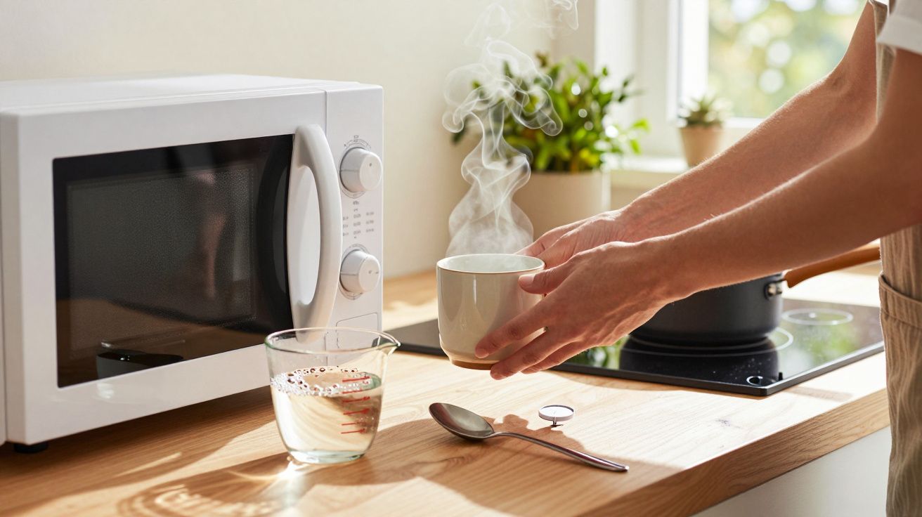 Persoană ținând o cană cu băutură fierbinte în bucătărie, lângă un cuptor cu microunde și un pahar cu apă.