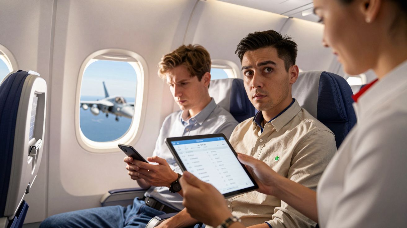 Trei pasageri într-un avion, doi folosind dispozitive mobile, în timp ce o însoțitoare de bord le vorbește.