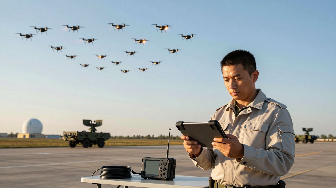 Persoană în uniformă operând tabletă; roi de drone zboară pe cer senin. Echipament tehnologic pe masă.