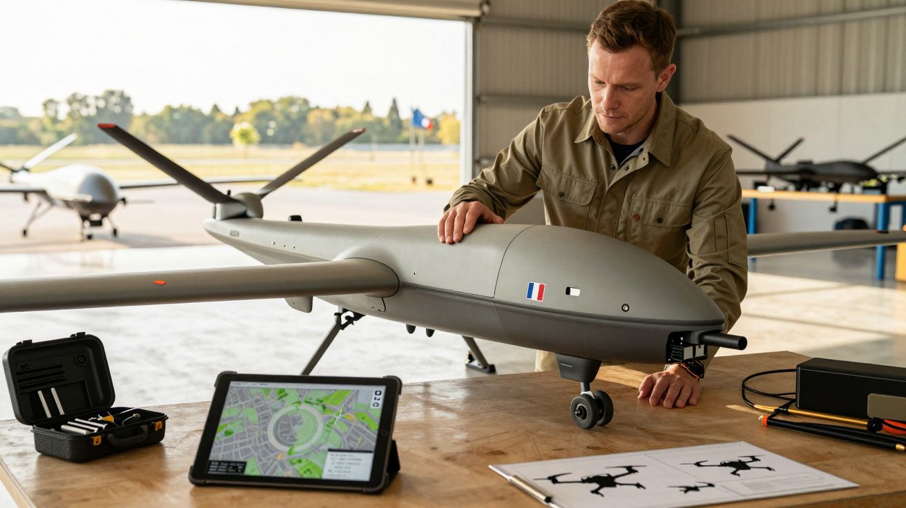 Bărbat lucrând la un dronă mare într-un hangar, cu o tabletă și hărți pe masă.