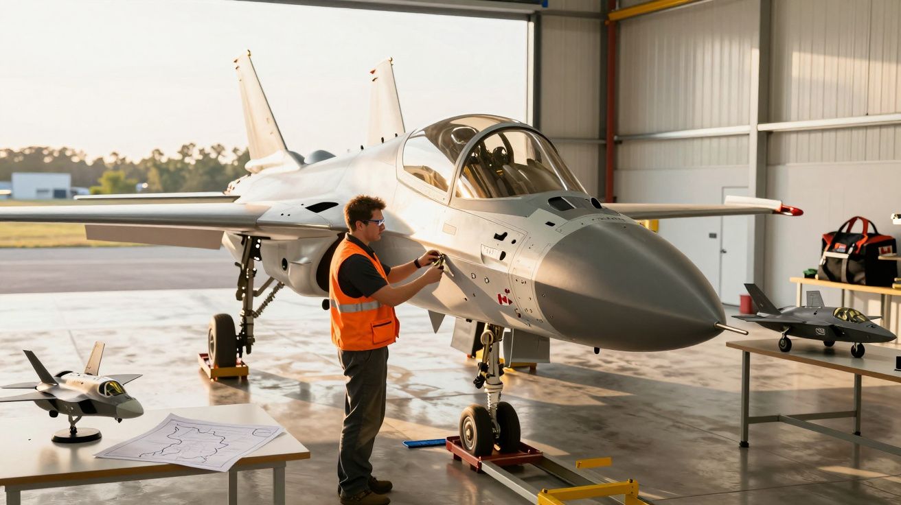 Tehnician în vest portocaliu inspectează un avion de luptă în hangar mare, cu machete de avioane pe mese.