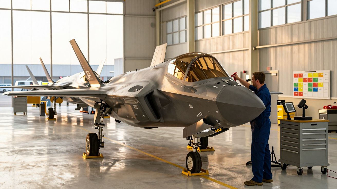 Tehnician verificând un avion militar modern în hangar.