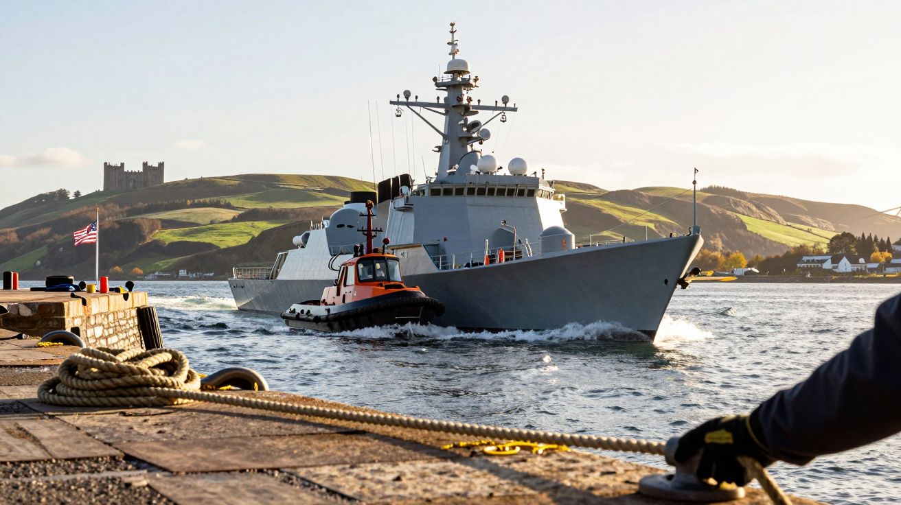 Navă militară ghidată de un remorcher pe un râu într-un peisaj rural cu dealuri verzi și un castel în depărtare.