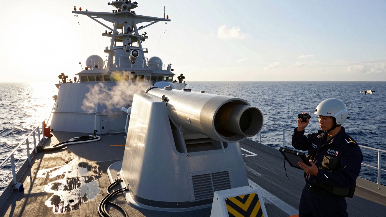 Echipaj pe un distrugător naval în larg, inspectând o tunoare mare sub un cer senin.