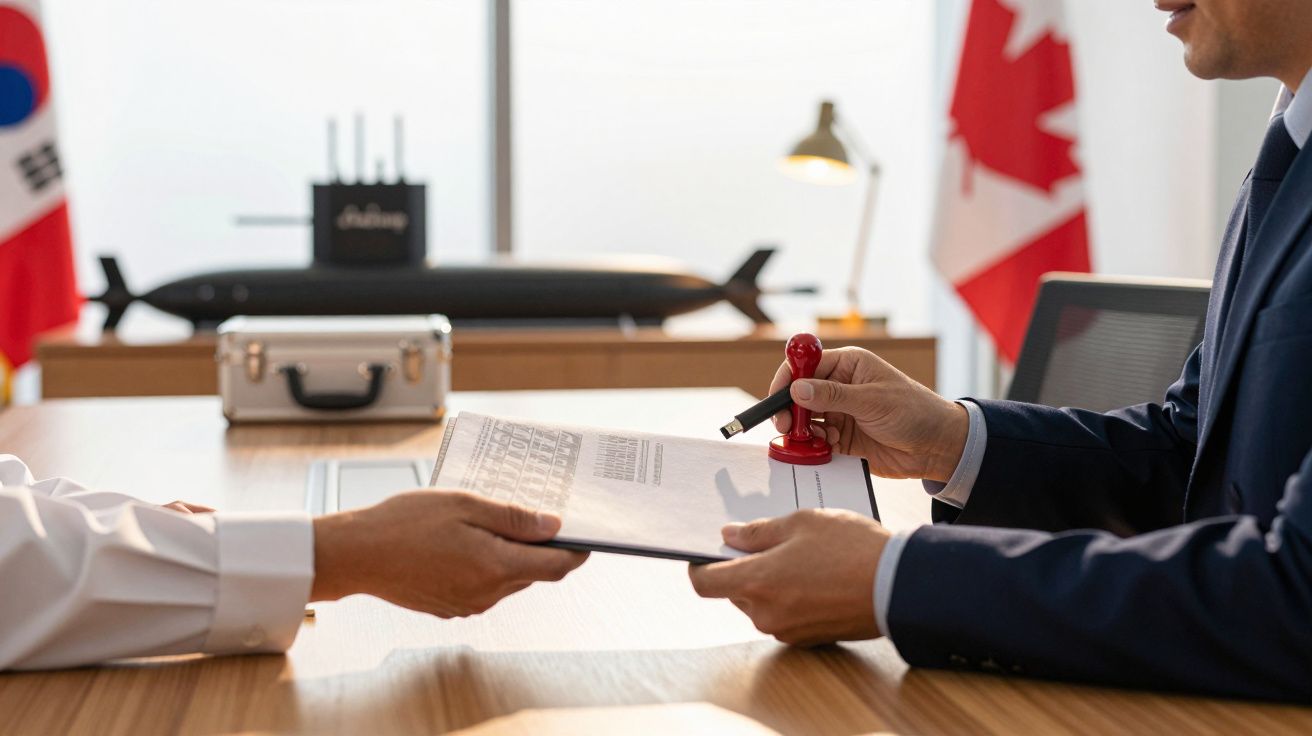 Două persoane în costume semnează un document pe birou, cu steagurile Coreei de Sud și Canadei în fundal.