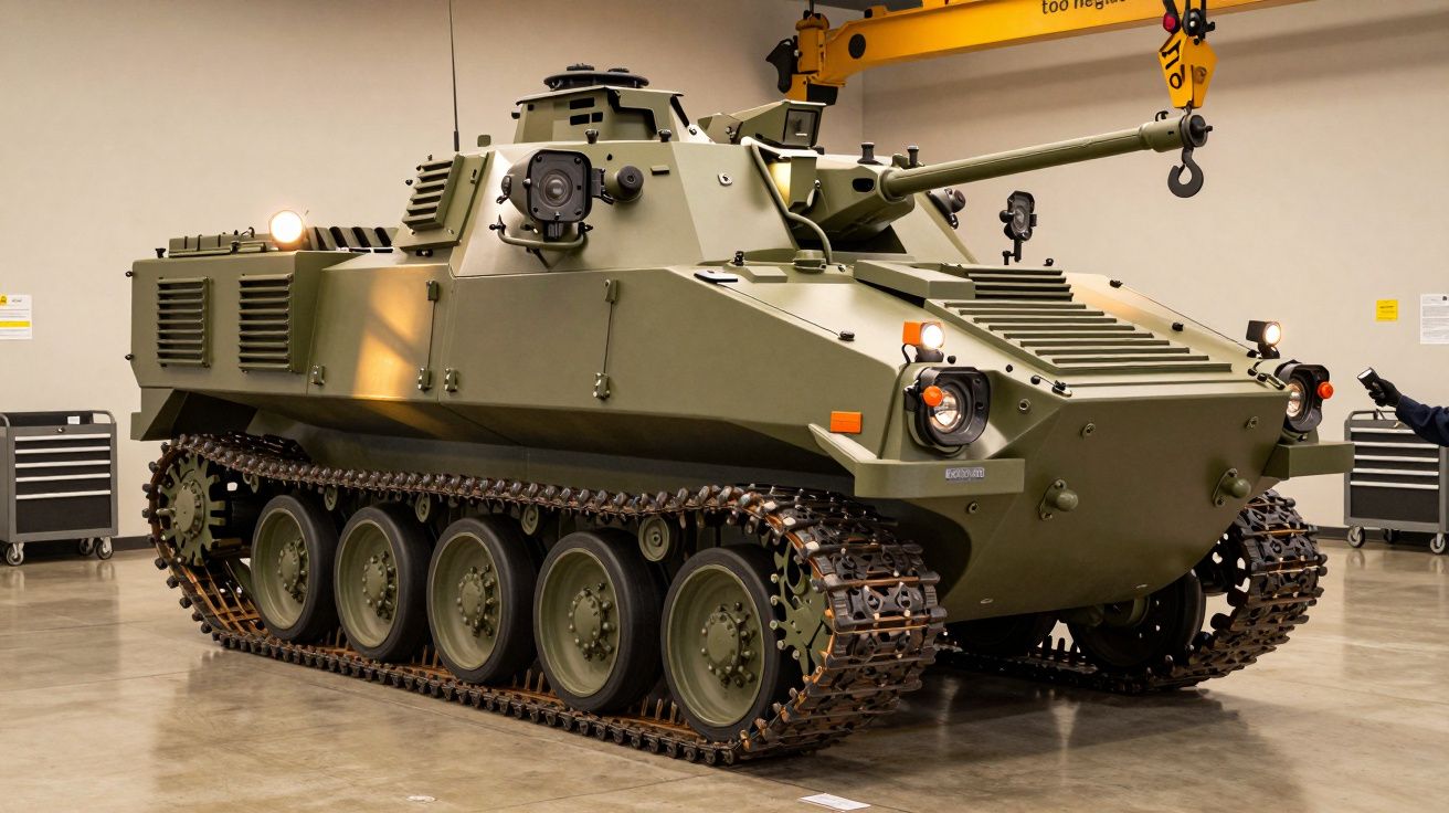 Vehicul blindat militar cu șenile, de culoare verde, expus într-un hangar.