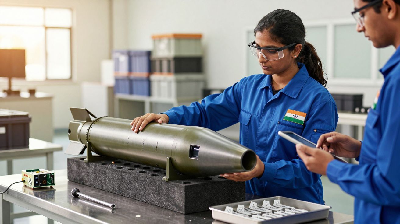 Două persoane examinează un obiect cilindric metalic într-un laborator, purtând uniforme albastre și ochelari de protecție.