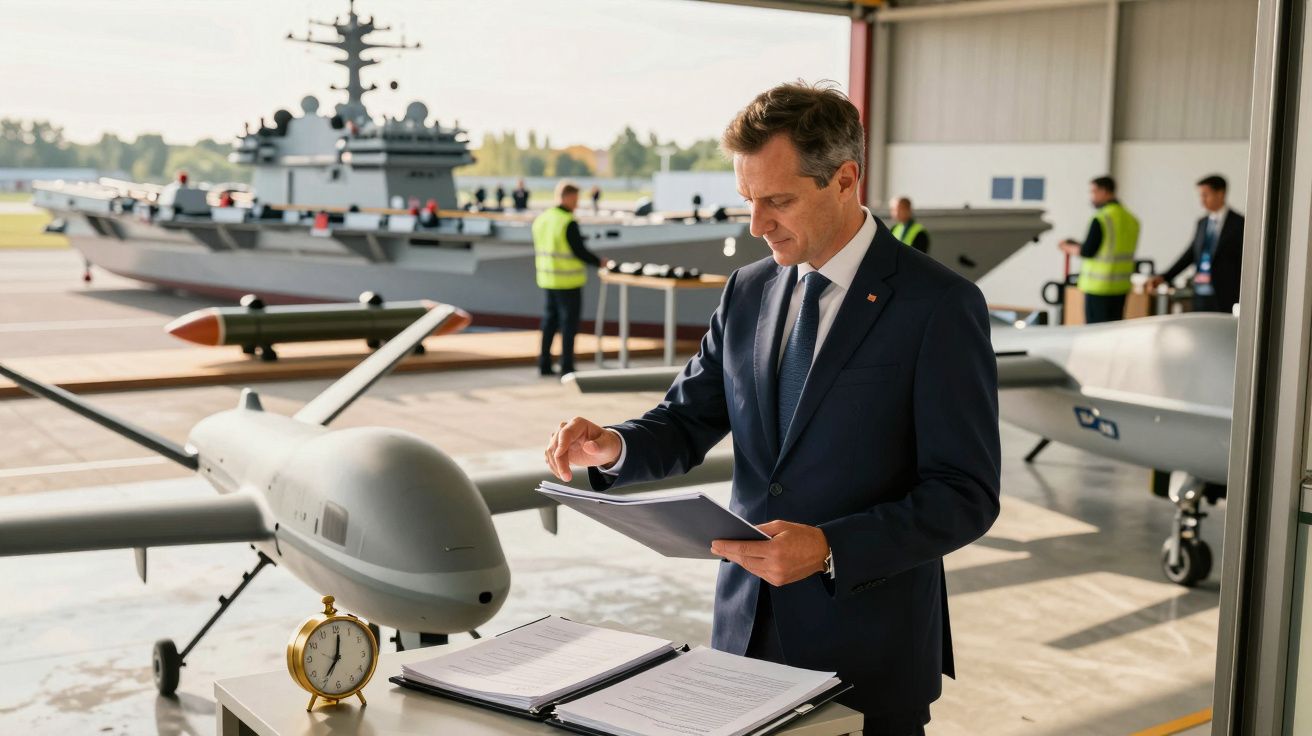 Bărbat în costum examinează documente lângă un drone, cu un portavion și personal în fundal.