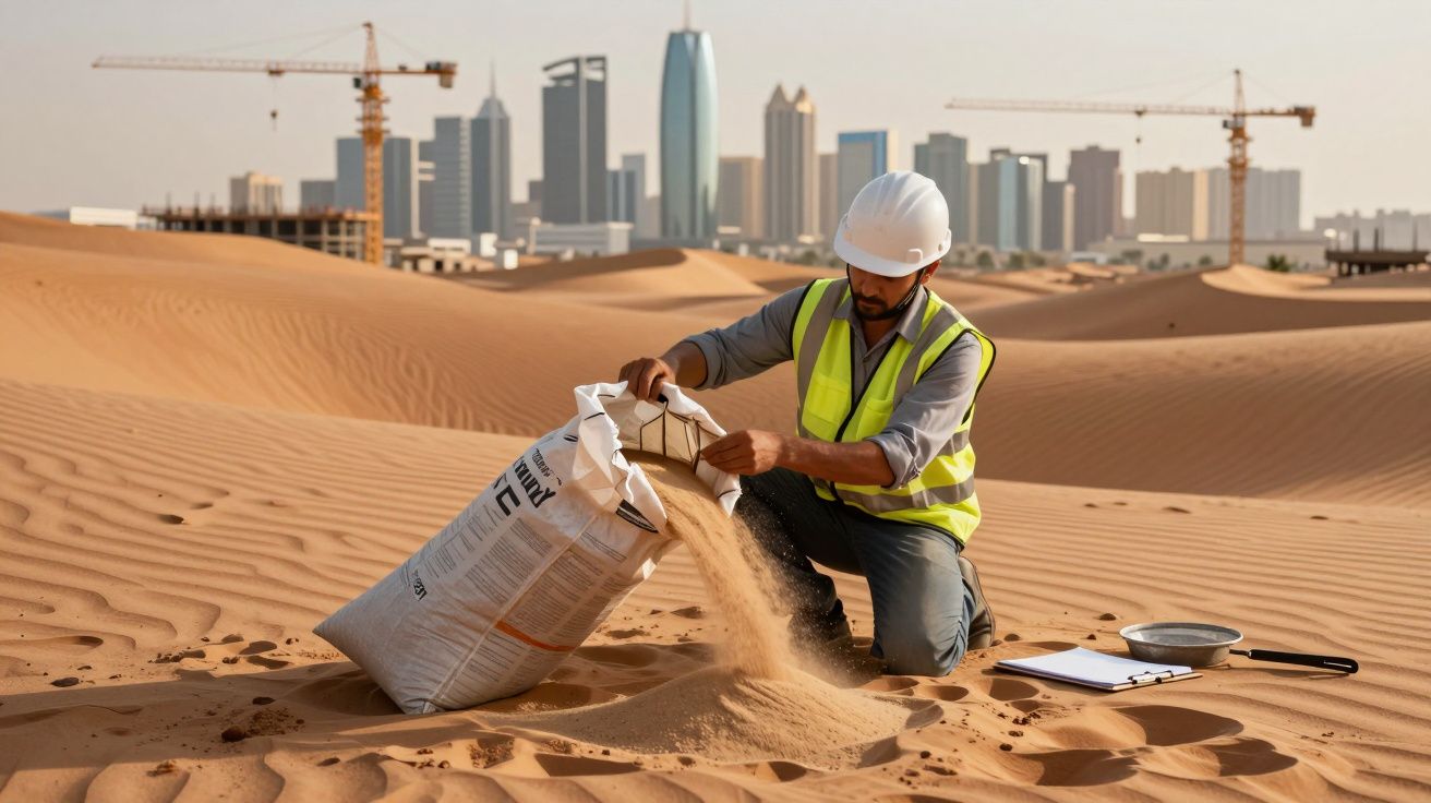 Bărbat în vestă reflectorizantă și cască, analizând nisip în deșert, cu oraș modern și macarale în fundal.