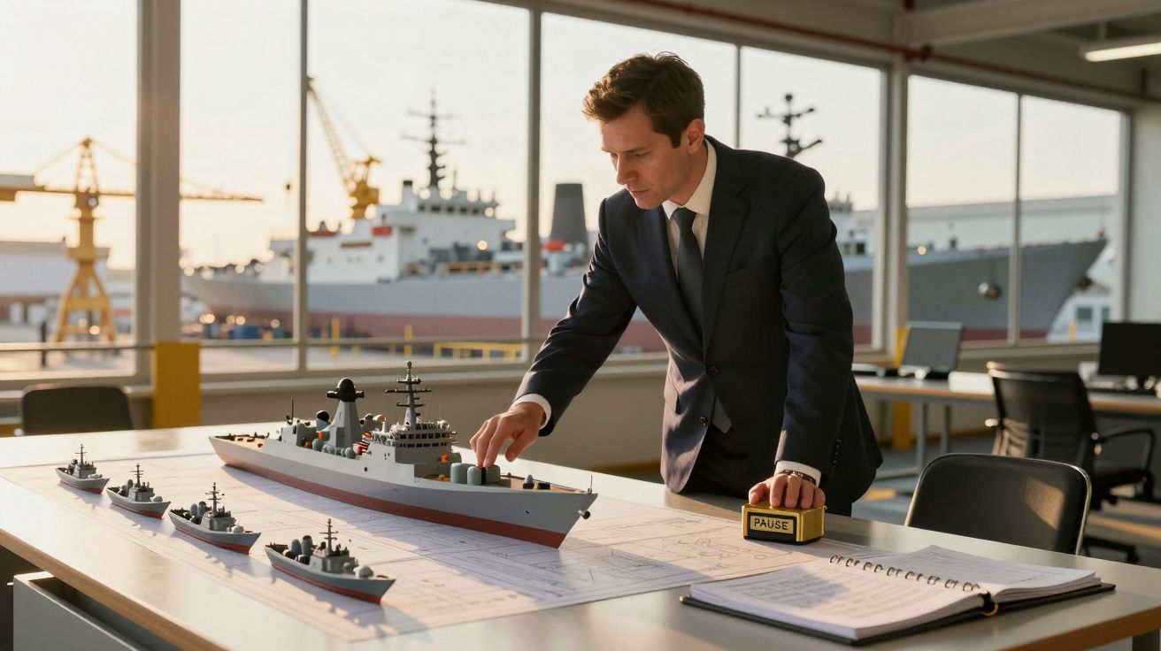 Bărbat în costum examinând machete de nave militare pe o masă într-un birou modern, cu șantier naval pe fundal.