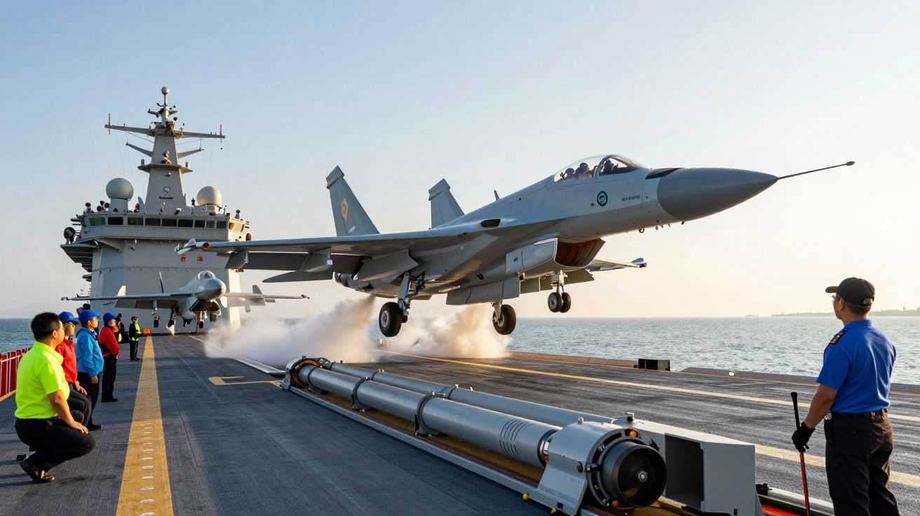 Avion de luptă decolând de pe un portavion, echipajul observând pe punte, cer senin.